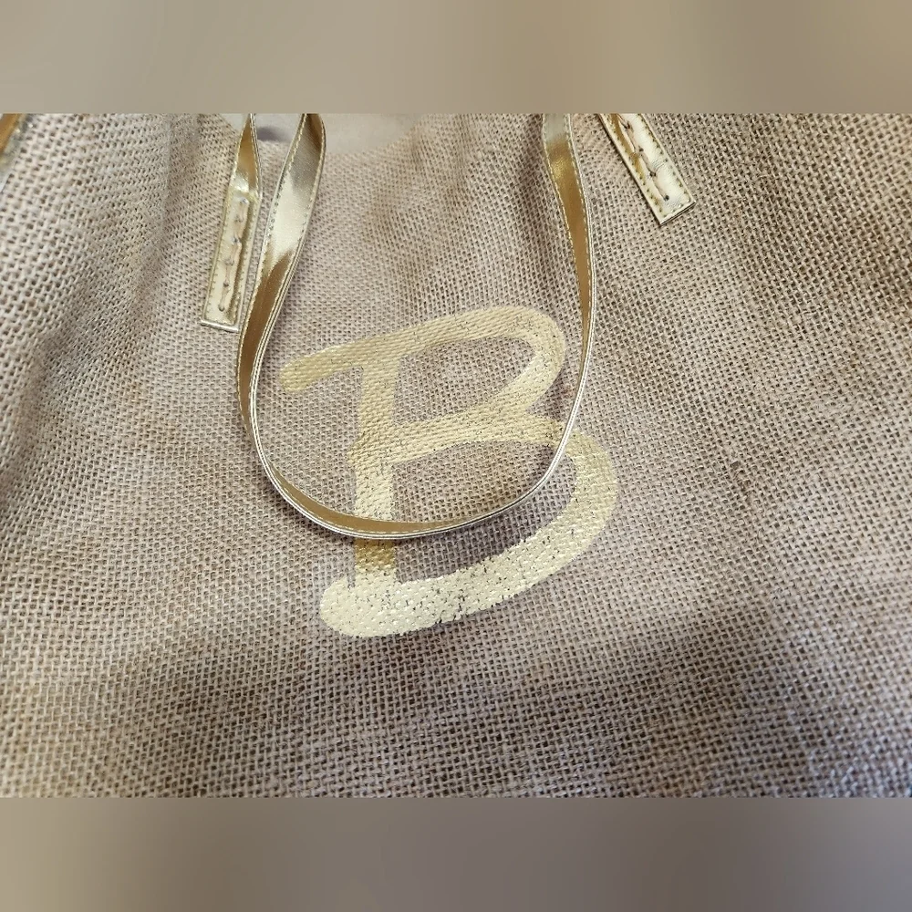 Tan Burlap with Gold Trim & Handles With Letter 